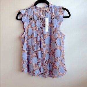 NWT Monteau tan and blue flower lace top.